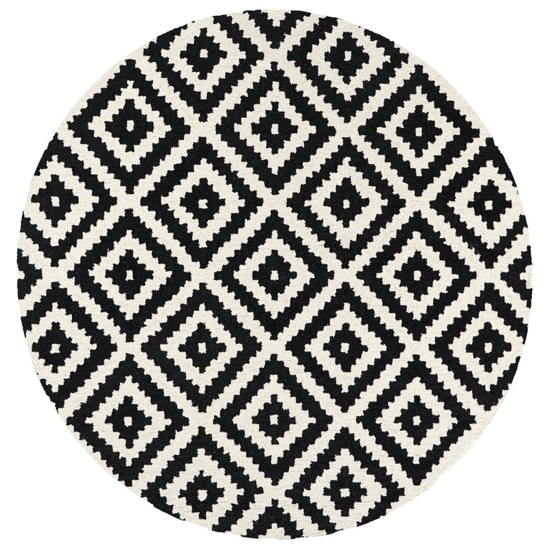 Decca Geometric Handmade Tufted Wool Black/Cream Area Rug George Oliver Rug Size: Round 5′