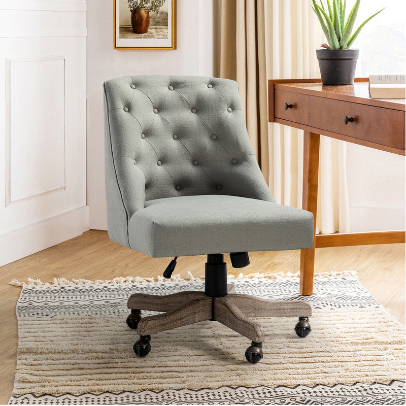 Vail 38.5” H Farmhouse Tilting Task Chair with Solid Wood Base and Button-tufted Sand & Stable Upholstery Color: Gray