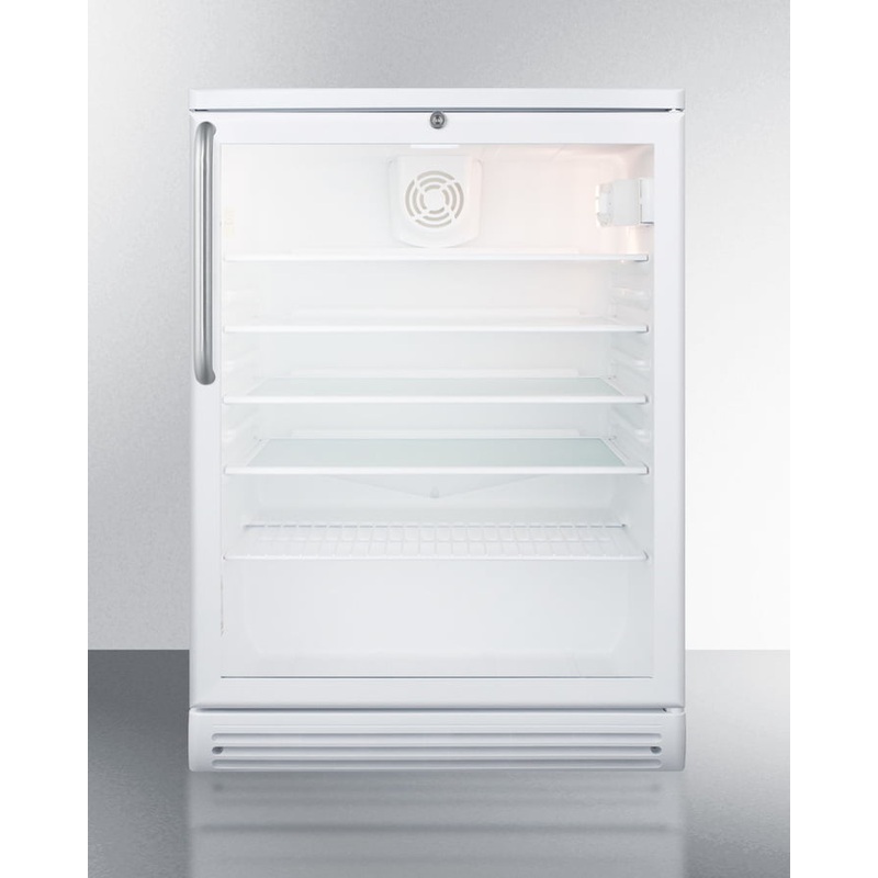 Summit SCR600GLTB Commercially Listed 5.5 Cu.Ft. Counter Height Beverage Center In A 24″ Footprint, With White Cabinet, Glass Door, Towel Bar Handle, And Lock