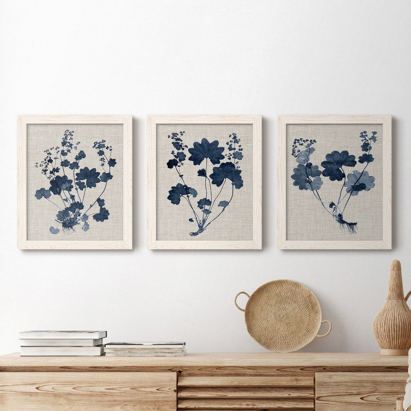 Navy and Linen Leaves II – 3 Piece Picture Frame Painting Set on Canvas Red Barrel Studio Frame Color: White Size: 24″ H x 36″ W x 1.5″ D