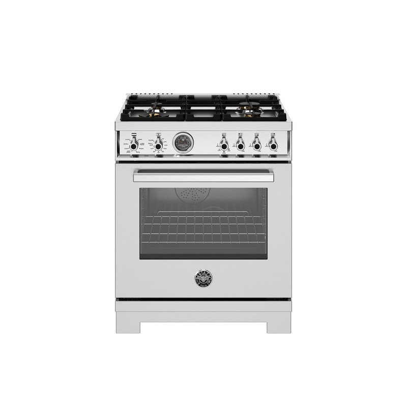Bertazzoni PRO304BFEPXT 30 Inch Dual Fuel Range, 4 Brass Burners, Electric Self-Clean Oven Stainless Steel