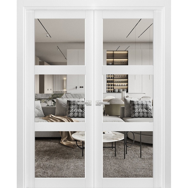 Interior Lucia Clear Glass Wood French White Doors SARTODOORS Size: 72″ x 84″