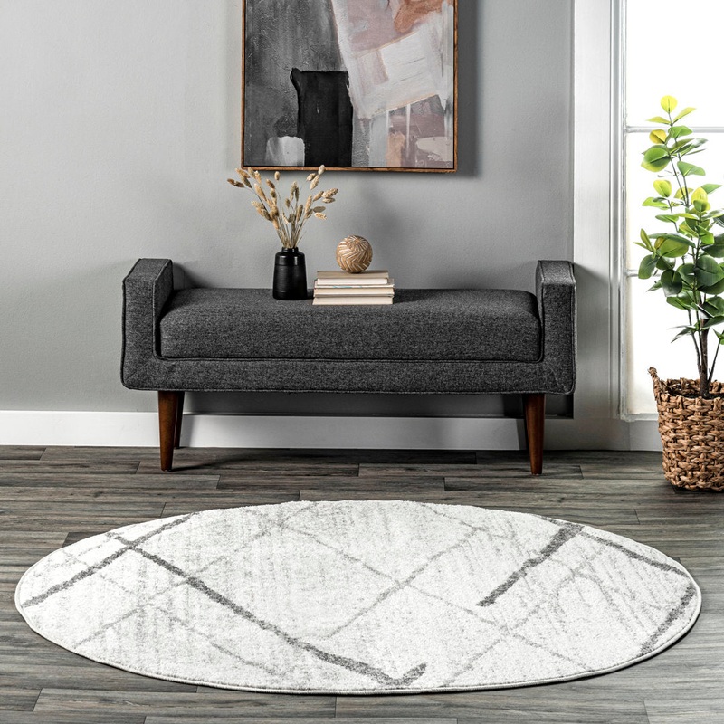 Amii Abstract Stripe Contemporary Ivory/Gray/Charcoal Area Rug Wrought Studio Rug Size: Round 5′