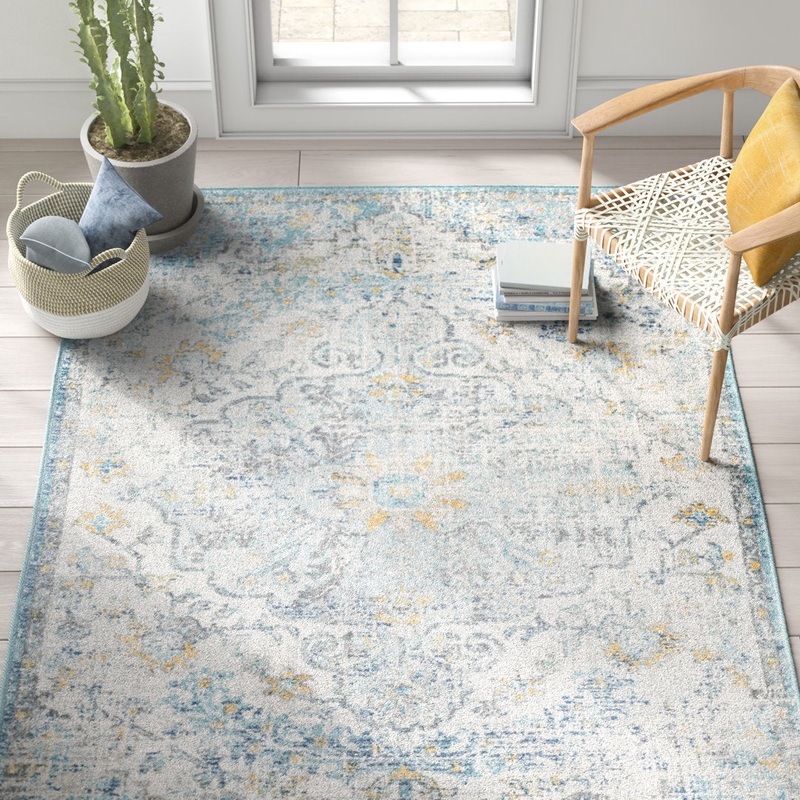 Hillsby Oriental Ivory Cream/Teal/Yellow Area Rug Mistana Rug Size: Rectangle 5’3″ x 7’3″
