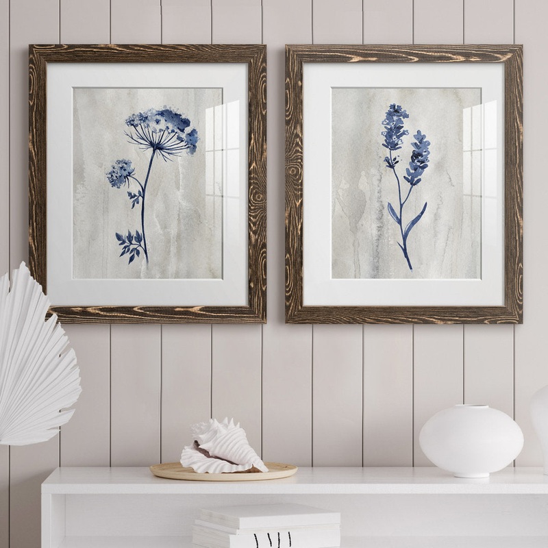 Indigo Botanical I – 2 Piece Graphic Art Print Set Laurel Foundry Modern Farmhouse Mat Color: White Size: 24″ H x 36″ W x 1.5″ D Format: Walnut Framed Paper