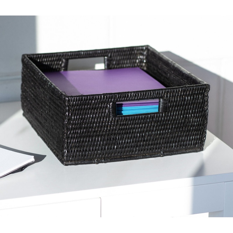 Rattan Rectangular Basket with Cutout Handles Artifacts Trading Company Color: Tudor Black Size: 6″ H x 20″ W x 16″ D
