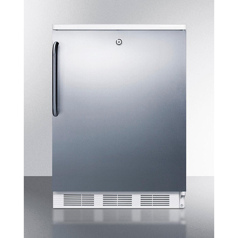Summit FF7LWSSTB Commercially Listed Freestanding All-Refrigerator For General Purpose Use, Auto Defrost W/Lock, Ss Wrapped Door, Towel Bar Handle, And White Cabinet