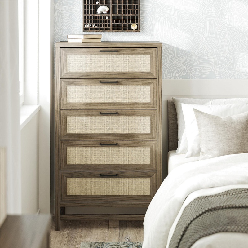 Barros Faux Rattan 5 Drawer 31.65″ W Chest Beachcrest Home Color: Medium Brown
