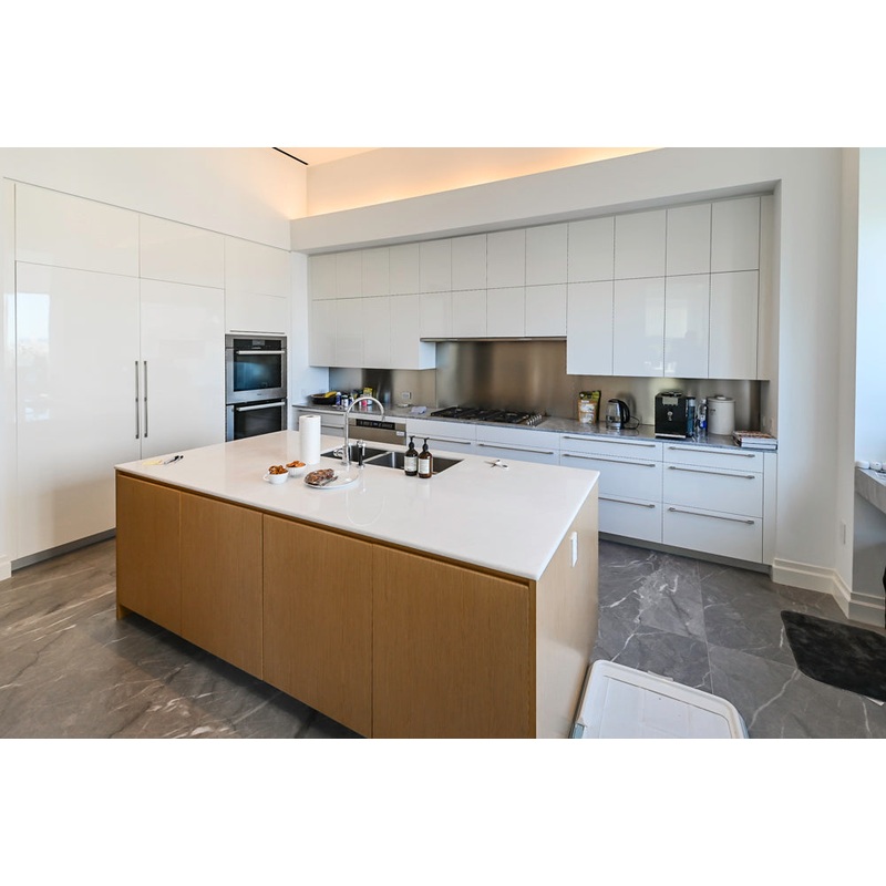 Aran Cucine Modern Glossy White Kitchen with Island, Marble Countertops & Miele Appliances