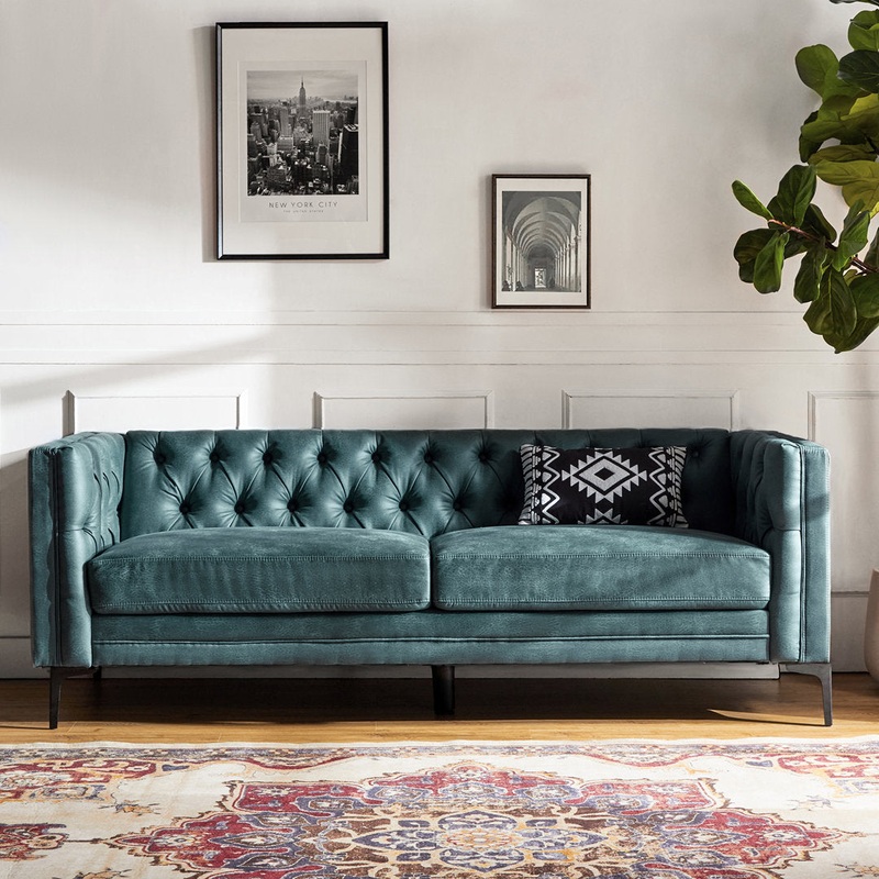 Brinna Contemporary 84″ Upholstered Button-tufted Sofa with Metal Legs Wade Logan Fabric: Blue Polyester