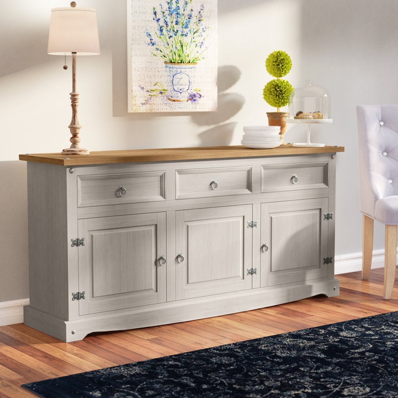 Corona 65.91″ Wide 3 Drawer Pine Solid Wood Sideboard Gracie Oaks Color (Base/Top): Gray Wash Stain/Antique Brown Stain