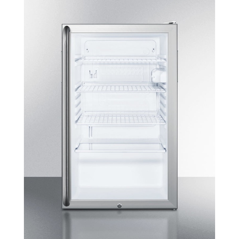 Summit SCR450L7SH Commercially Listed 20″ Wide Glass Door All-Refrigerator For Freestanding Use, Auto Defrost With A Lock, Full-Length Handle, And White Cabinet