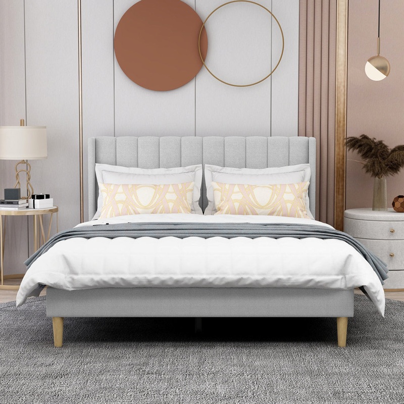 Eriksay Low Profile Upholstered Platform Bed with Wingback Headboard Wade Logan Color: Light Gray Linen Size: Queen