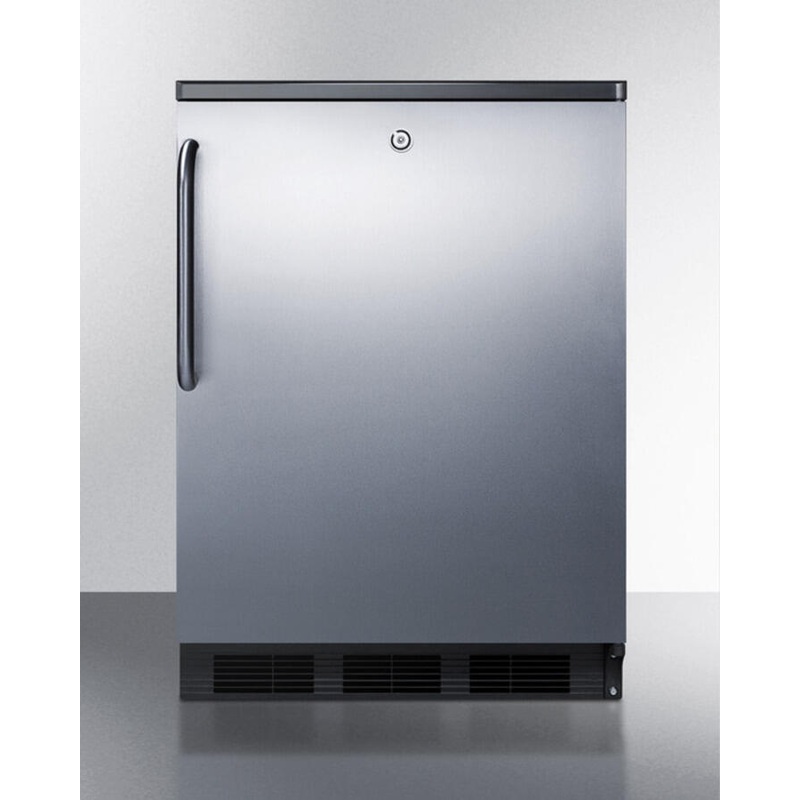 Summit FF7LBLBISSTB Commercially Listed Built-In Undercounter All-Refrigerator For General Purpose Use, Auto Defrost W/Ss Wrapped Door, Towel Bar Handle, Lock, And Black Cabinet