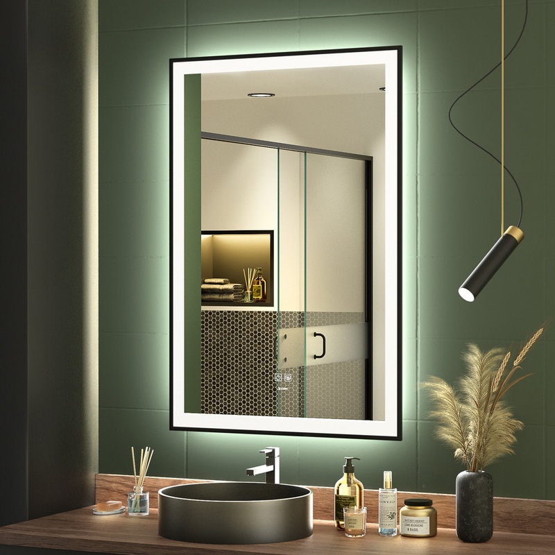 LED Black Framed Bathroom Vanity Mirror, Illuminated Dimmable Anti Fog Makeup Mirror, 3 Color Light Orren Ellis Size: 36″ x 24″