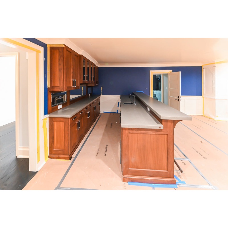 Custom Transitional Wooden Brown Wet Bar Area with Seating Room & Stone Countertops