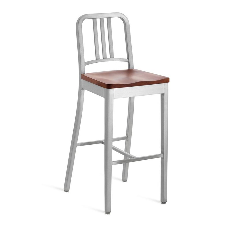 Emeco 1104 Navy Bar Stool With Wood Seat