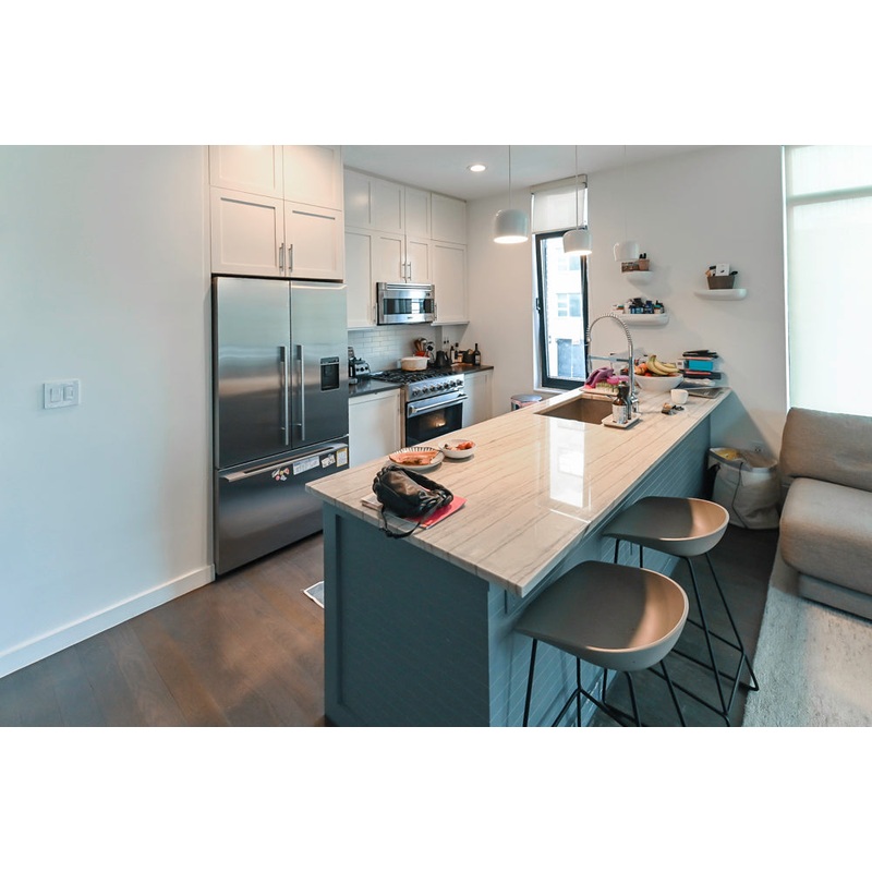 Imperia White Transitional Kitchen with Dark Grey Island, Marble & Stone Counters and Appliances