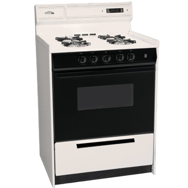 Summit SNM6307CDK Deluxe Bisque Gas Range In Slim 24″ Width With Electronic Ignition, Digital Clock/Timer, Black See-Through Glass Oven Door And Light; Replaces Stm6307Dk
