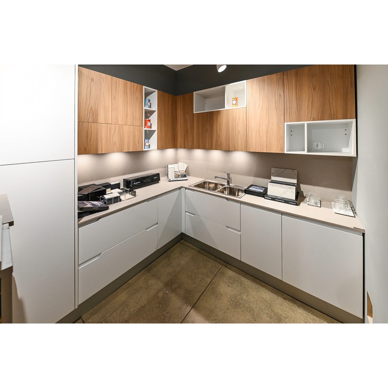 Lyon’s Modern White and Natural Wood Toned Kitchenette with Silestone Countertops