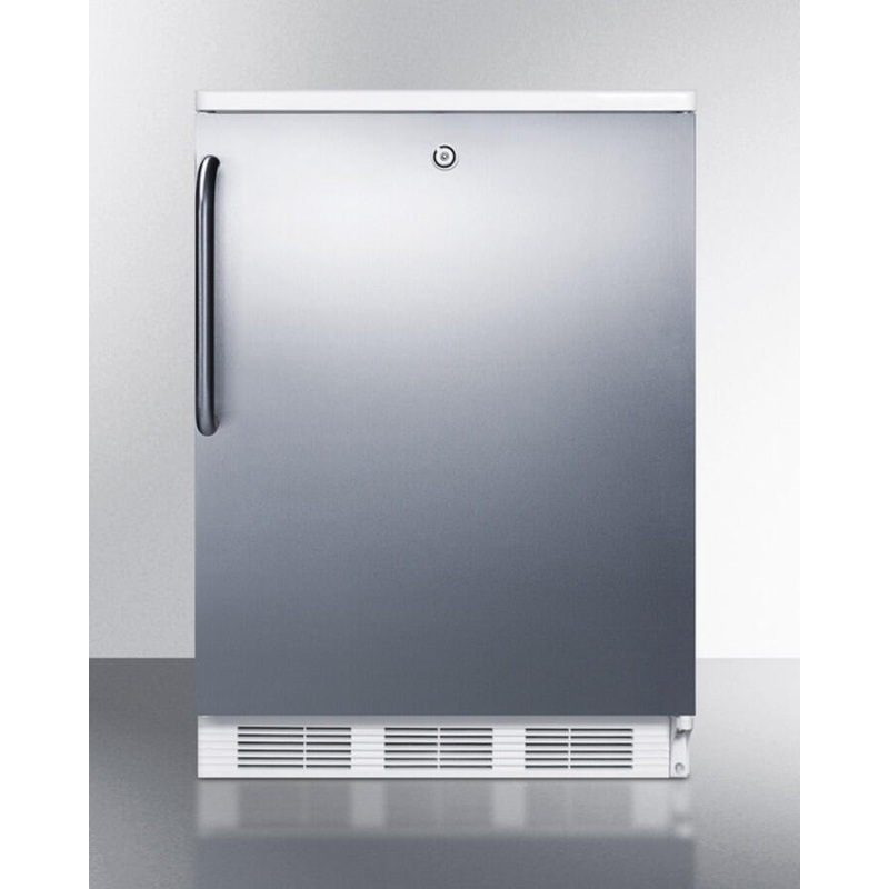 Summit FF7LBISSTB Commercially Listed Built-In Undercounter All-Refrigerator For General Purpose Use, Auto Defrost W/Lock, Ss Door, Towel Bar Handle, And White Cabinet