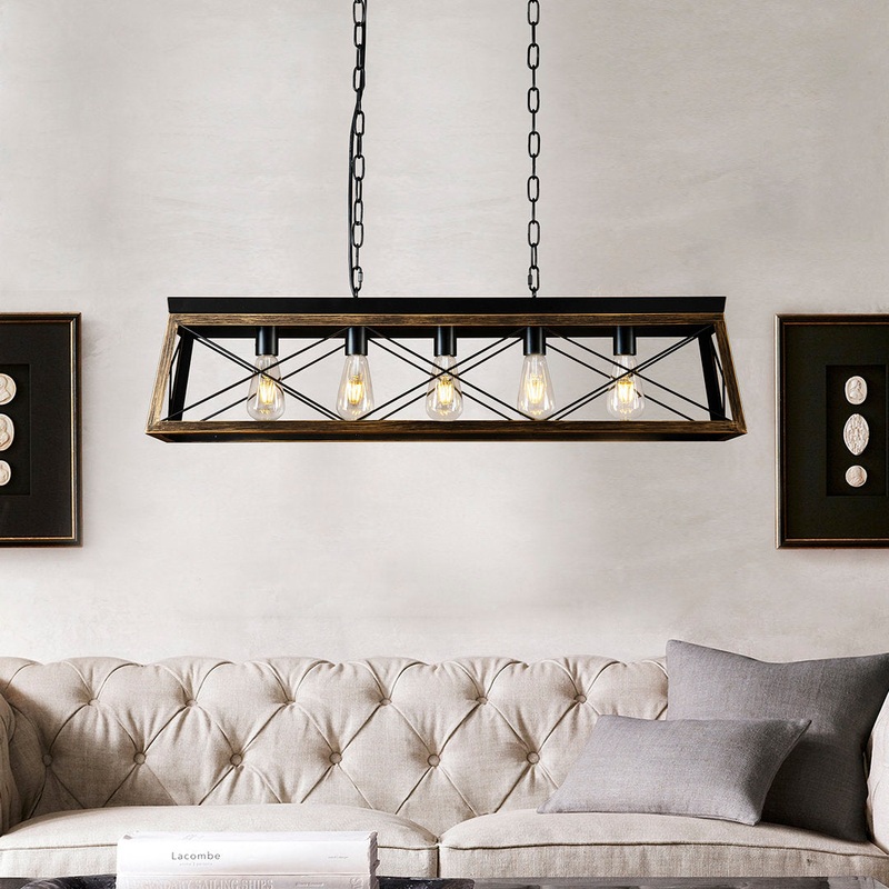 5-Light Square Industrial Modern Farmhouse Black Chandelier with Wrought Iron Accent 17 Stories