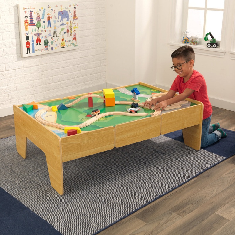 Double-Sided Wood Train and Activity Table with Built-In Storage Drawer, Natural KidKraft