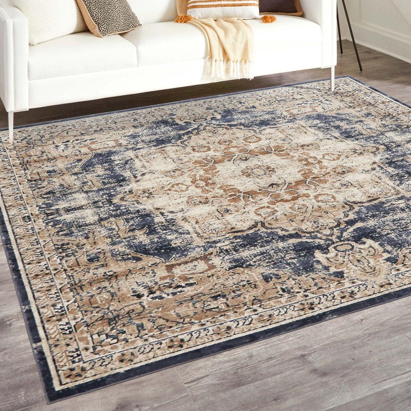 Arloa Oriental Beige/Navy Blue Area Rug Lark Manor Rug Size: Square 5′