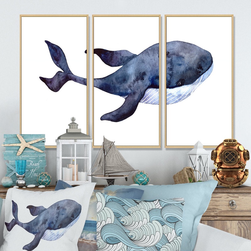 Blue Whale On White IV – Nautical & Coastal Framed Canvas Wall Art Set Of 3 Rosecliff Heights Frame Color: Brown Size: 20″ H x 36″ W x 1″ D