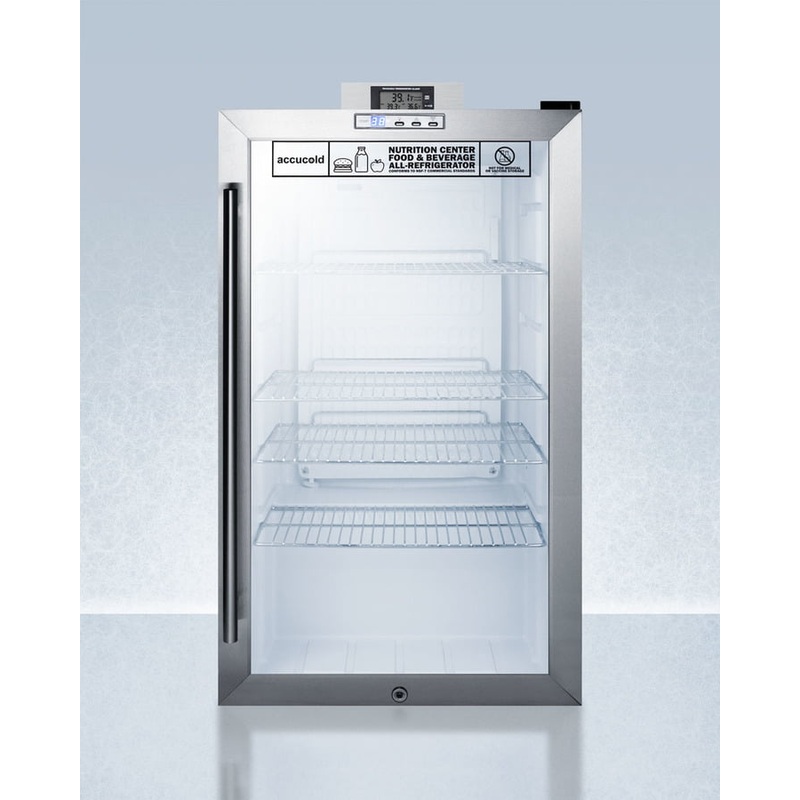 Summit SCR486LNZ Commercially Approved Nutrition Center Series Glass Door All-Refrigerator For Freestanding Use, With Front Lock And Digital Temperature Display