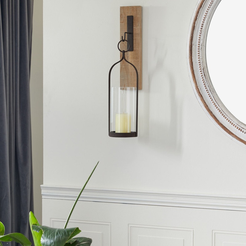 Black Wood Wall Sconce with Metal and Glass Holder 6″ x 6″ x 23″ Gracie Oaks