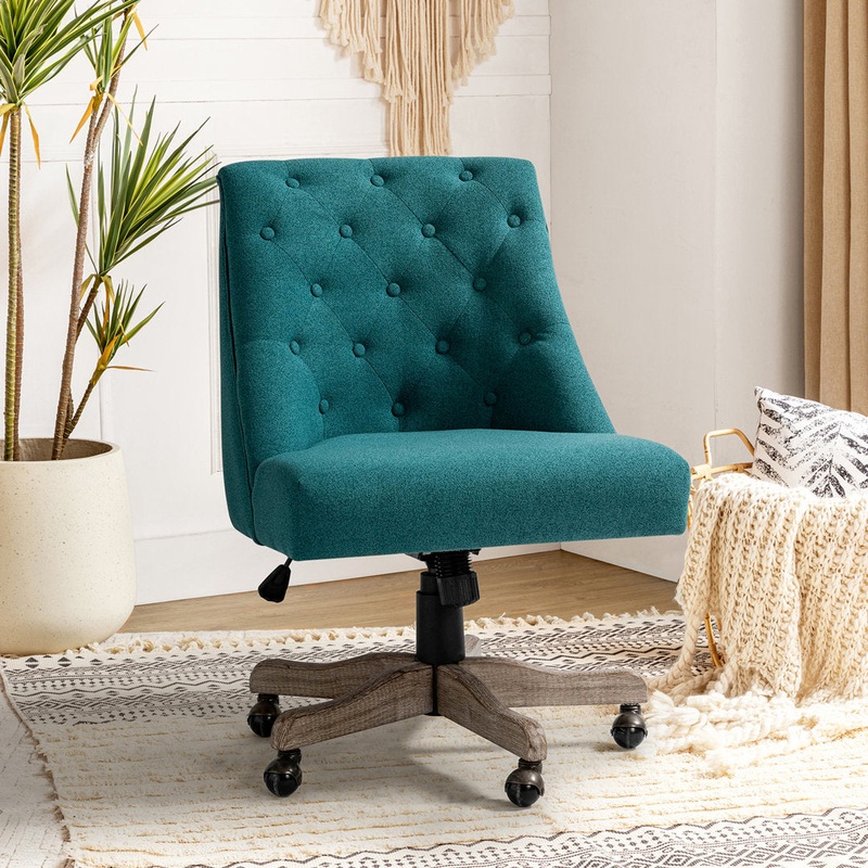 Vail 38.5” H Farmhouse Tilting Task Chair with Solid Wood Base and Button-tufted Sand & Stable Upholstery Color: Teal