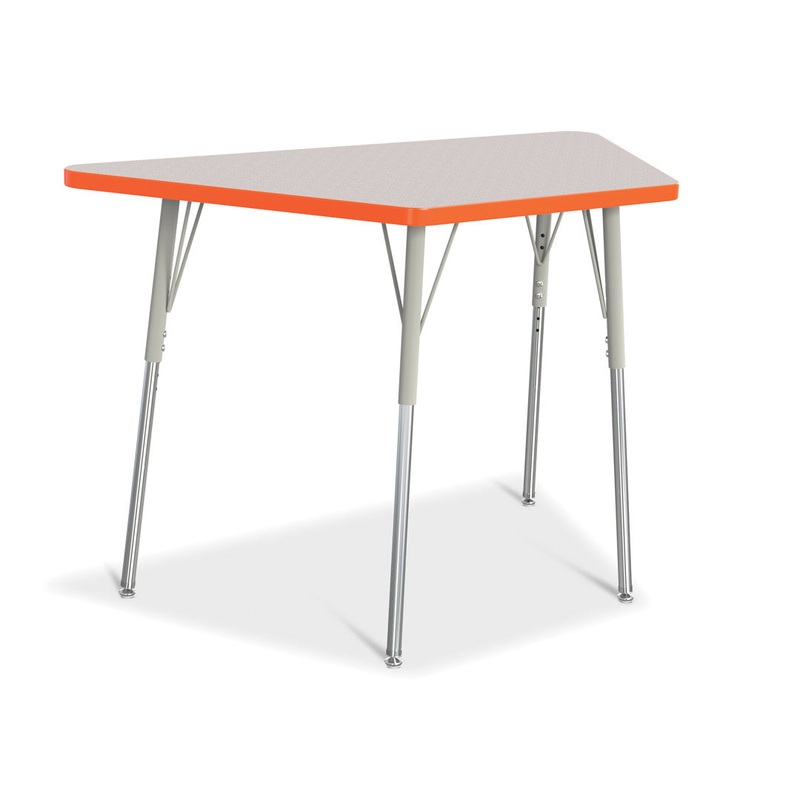 Berries Trapezoid Activity Tables Jonti-Craft Size: 28″ W x 48″ D (Adult size: 24″ – 31″ H) Side Finish: Gray / Orange
