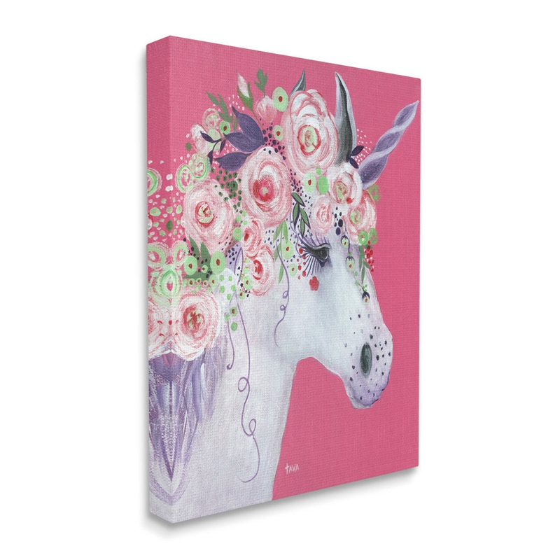 Pink Florals Purple Unicorn Mythical Animal Portrait by Janet Tava – Painting on Canvas Stupell Industries Size: 40″ H x 30″ W Format: Wrapped Canvas