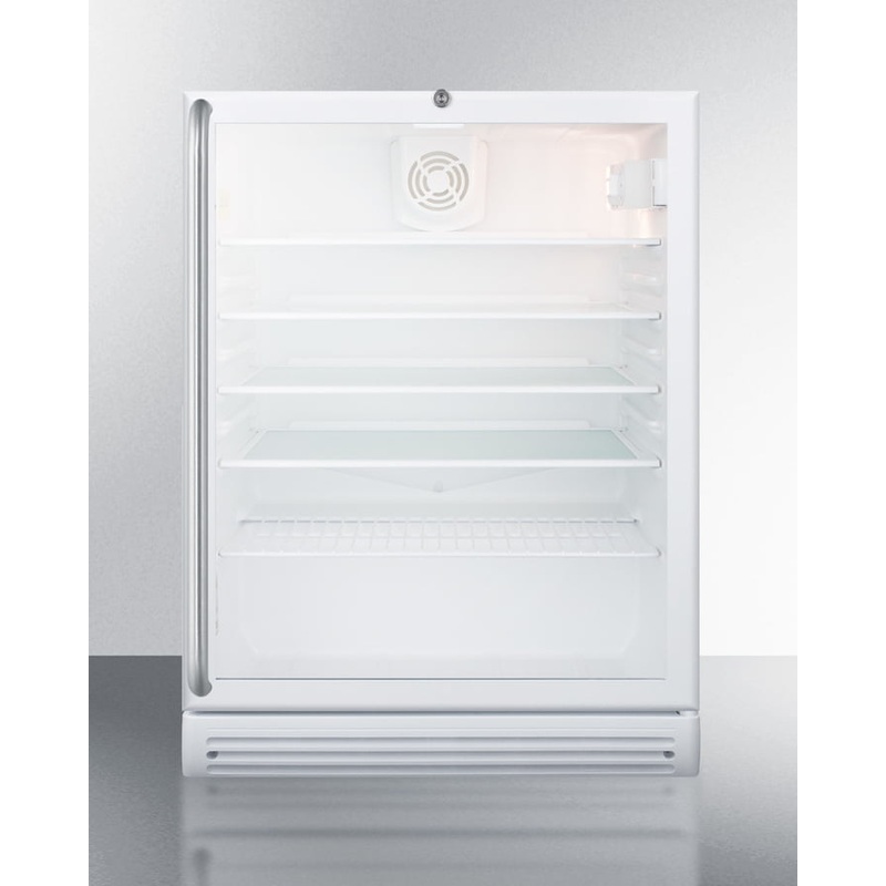 Summit SCR600GLSHADA Commercially Listed Ada Compliant 5.5 Cu.Ft. Freestanding Beverage Center In A 24″ Footprint, With White Cabinet, Glass Door, Full-Length Towel Bar Handle, And Lock