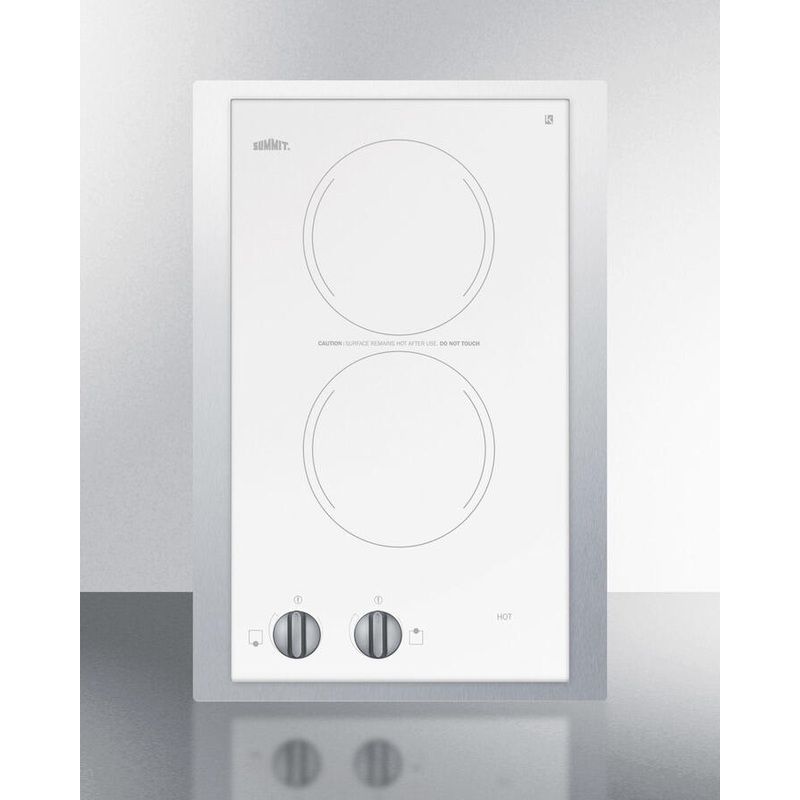 Summit CR2110WHTK15 115V European Two-Burner Radiant Cooktop In White Glass With Stainless Steel Frame To Allow Installation In 15″ Wide Counter Cutouts