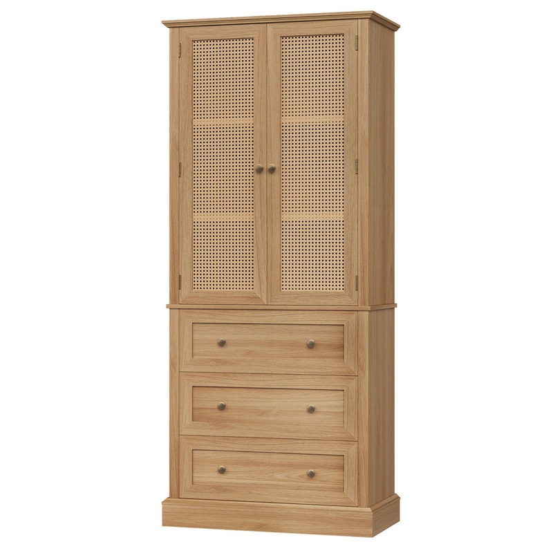 Ashlon 73″ Kitchen Pantry With Adjustabel Shelf, Rattan Door Pantry Cabinet With Removable Wine Rack Bay Isle Home Finish: Brown Oak