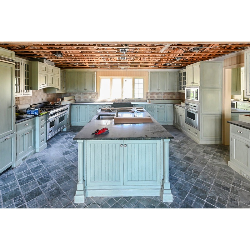 Traditional Washed Out Light Green Kitchen with Island, Granite Countertops and Viking Appliances