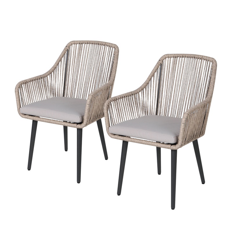 Cassil Patio Dining Armchair with Cushion (Set of 2) Wade Logan Frame Color/Cushion Color: Beige Frame/Light Gray Cushion