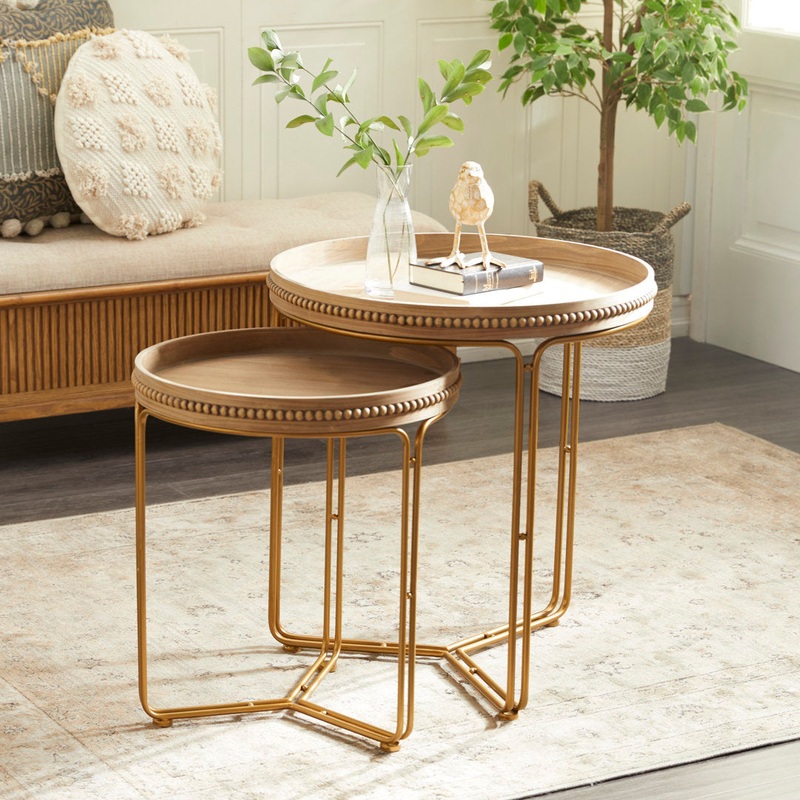 Wooden Round Beaded Nesting Side End Brown Accent Table with Gold Metal Stand Set Dakota Fields
