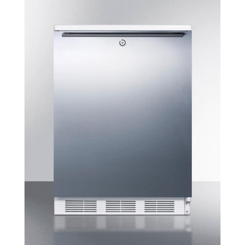 Summit FF6L7SSHH Commercially Listed Freestanding All-Refrigerator For General Purpose Use, Auto Defrost W/Lock, Ss Wrapped Door, Horizontal Handle, And White Cabinet