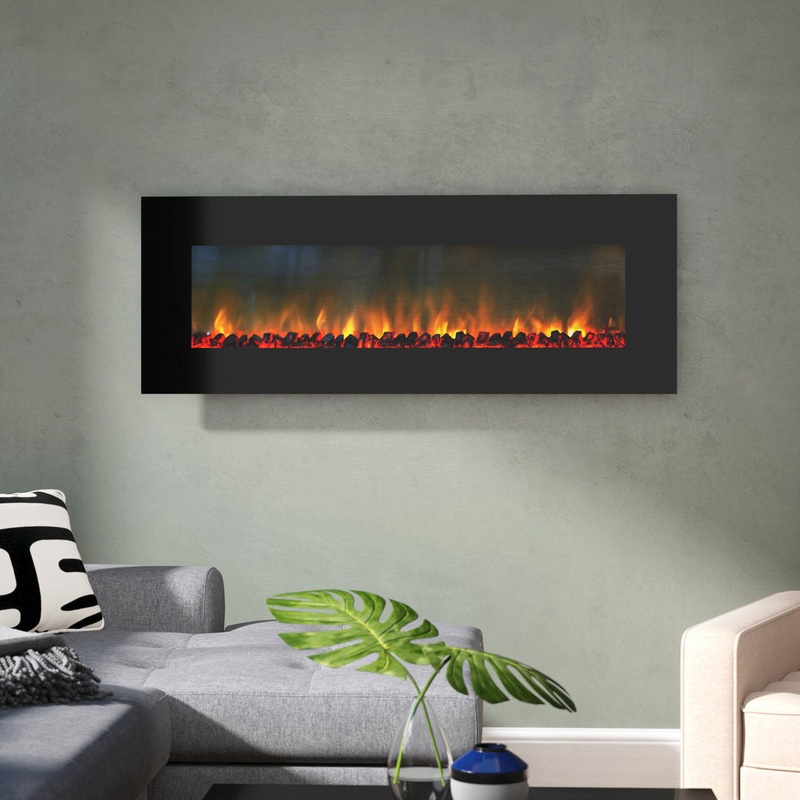 Quevedo Electric Fireplace – 54 Inch No Heat Wall Mounted Fireplace with LED Flames, Remote, Timer, and Adjustable Brightness(Black) Orren Ellis